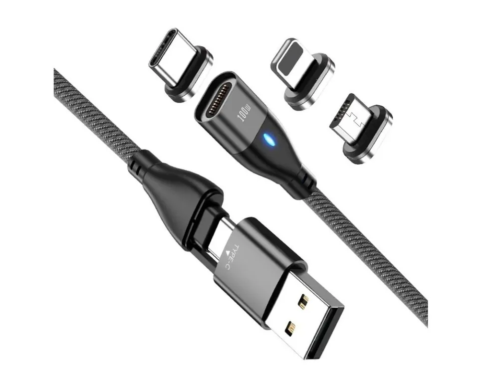Magnetický nabíjecí a datový kabel 100W PD 3v1 USB-C, Lightning, MicroUSB koncovky Ihned K Objednání