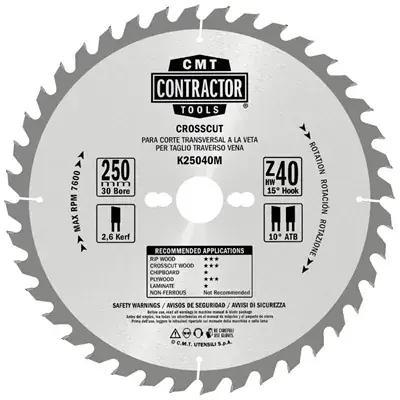 CMT Contractor Pilový kotouč na dřevo, Masterpack - D250x2,6 d30 Z40 HW, 5ks Nejlepší Cena